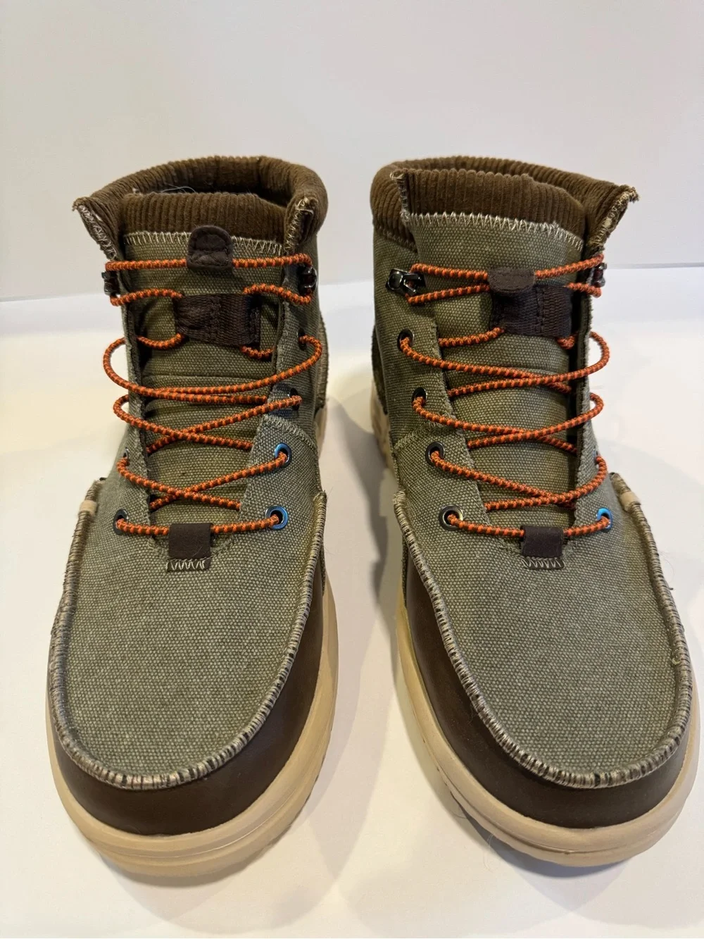 HEYDUDE 11 New Bradley Corduroy Olive Canvas Brown Leather Orange Laces Boots